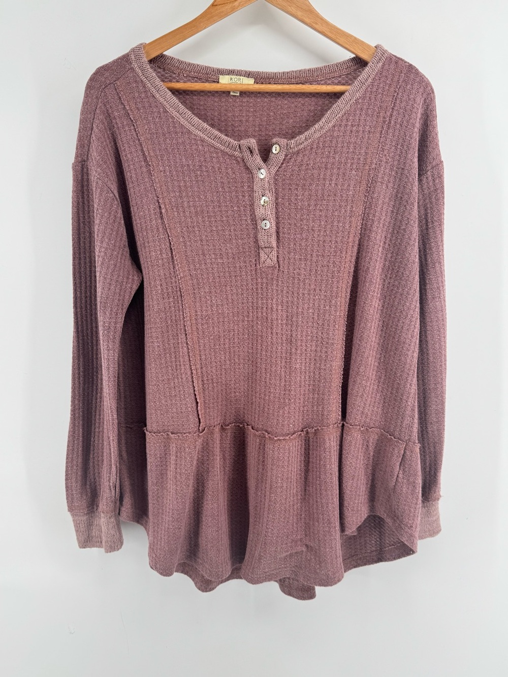 Kori Mauve Waffle Knit Henley Peplum Boho Sweatshirt Oversized Large